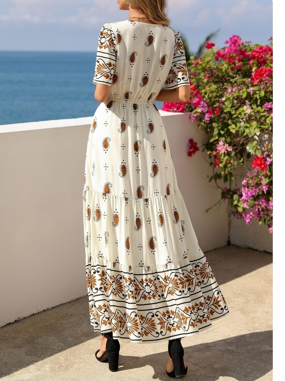 PrettyGarden Cream Boho Maxi Dress with Brown Paisley Print- Size Small - Picture 2 of 4